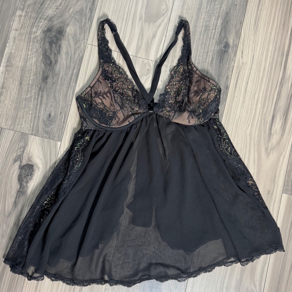 Victorias Secret Black Lace Rhinestone Underwire Babydoll Slip 36D